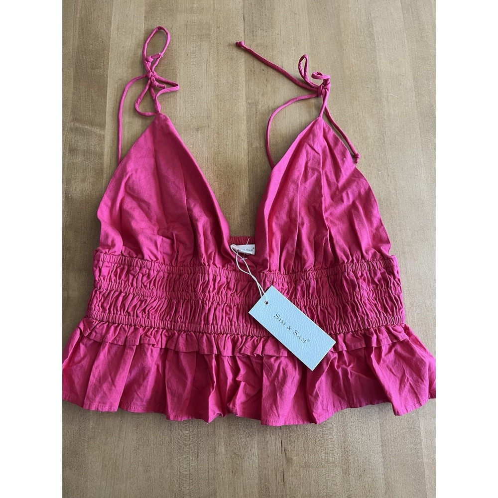 Sim & Sam NWT Smocked Triangle String Tie Cropped Top Hot Pink 100% Cotton Sz XL